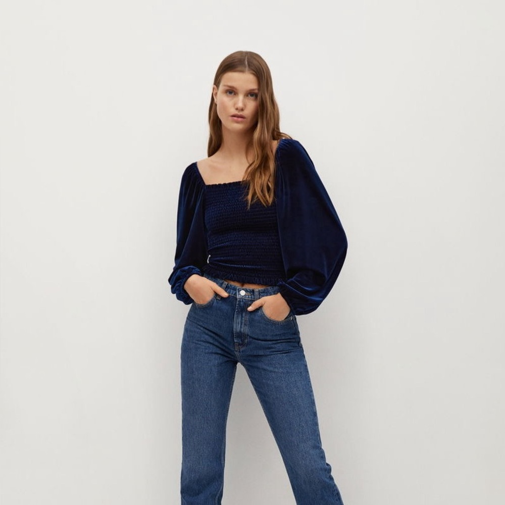MANGO Elastic Panel Velvet Blouse Medium Blue